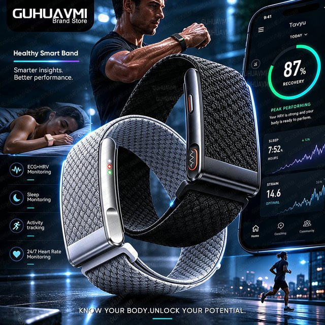 GUHUAVMI Smartwatch Fitness-Tracker mit EKG, HRV, Herzfrequenz, Blutdruck, Körperfett, BMI und Körpertemperatur, Schwarz, 3ATM wasserdicht - Bild 1