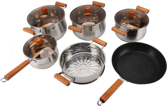 Aimo Edelstahl Kochgeschirr Set mit Holzgriff in Grau und Silber, bestehend aus Stielkasserolle, Kochtopf, Pfanne, Deckel und Dämpfeinsatz - Bild 1