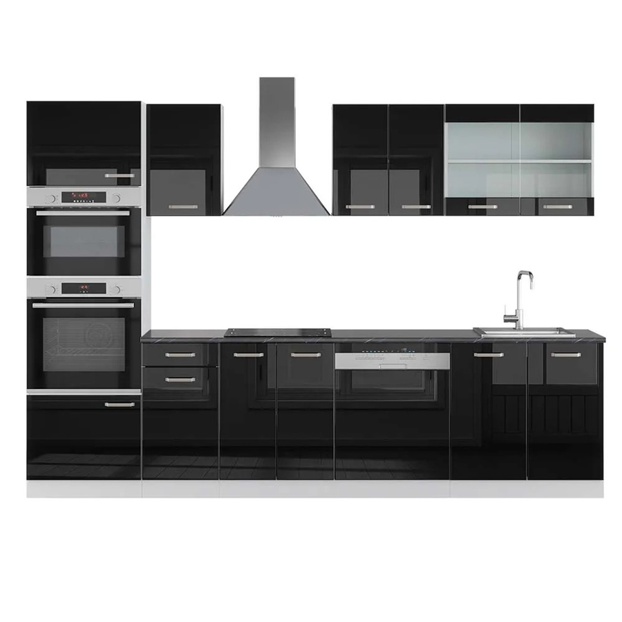 Vicco R-Line Küchenzeile Schwarz Hochglanz und Weiß mit Hochschrank Anthrazit, Breite: 300 cm - Bild 1