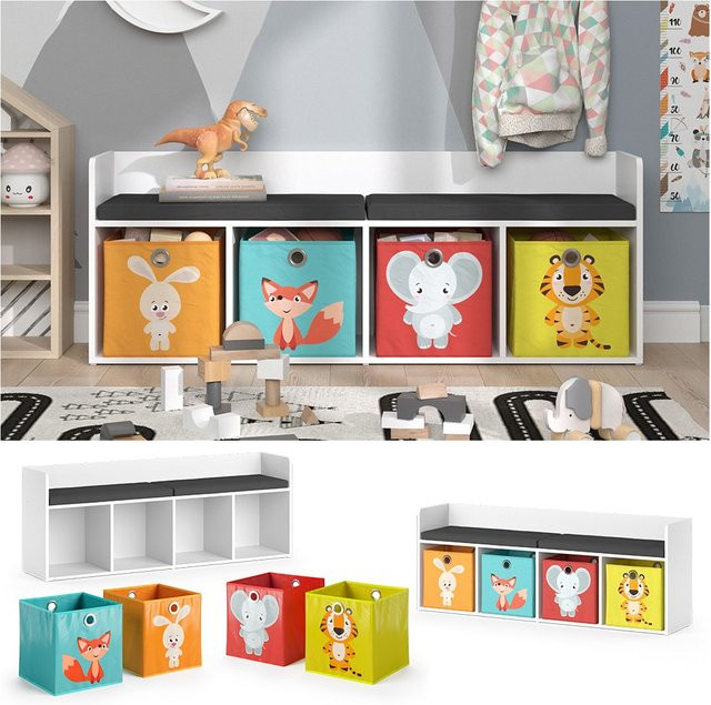Vicco Kinderzimmer Sitzbank Luigi in Weiß mit 4 Fächern als Spielzeugaufbewahrung und Bücherregal, B/T/H: 142 x 53 x 53 cm - Bild 1