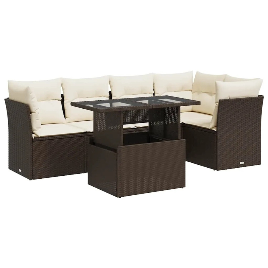 vidaXL 6-teilige Garten-Sofagarnitur aus braunem Poly-Rattan mit Kissen und Glastisch - Bild 2