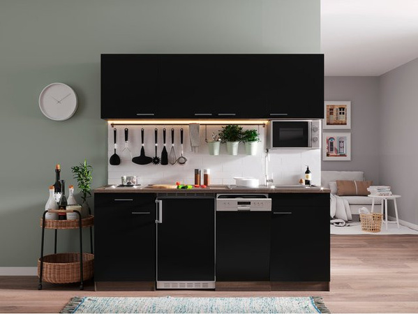 Respekta Küchenzeile KB195EYSMI in Schwarz und Eiche York Nachbildung, Breite: 195 cm, Höhe: 200 cm, Tiefe: 60 cm