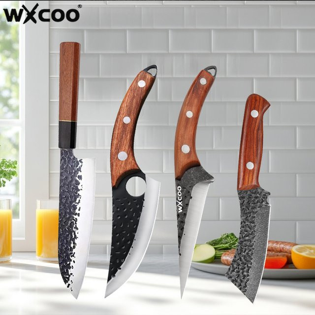WXCOO Multifunktionales Handgeschmiedetes Küchenmesser mit Holzgriff und Scheide, Silber - Bild 1