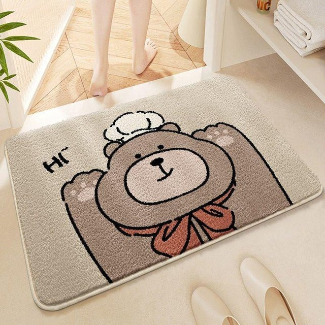 Saugfähige Cartoon Badezimmerfußmatte aus Winter-Imitat-Kaschmir in Braun, dicker Plüschteppich mit Tier-Motiv, Breite: 40 cm, Tiefe: 60 cm - Bild 1