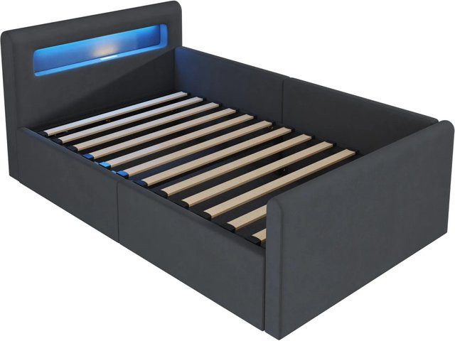 Merax Kinderbett mit Hydraulik, LED-Beleuchtung und USB-Anschluss aus Samt in Dunkelgrau, B/T/H: 90 x 200 x 36 cm - Bild 1