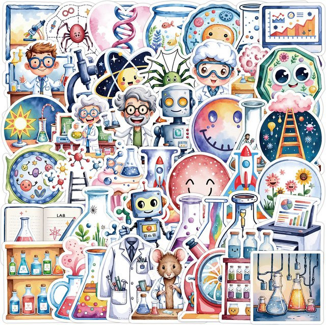 50 oder 100 Stück Cartoon Fun Science Lab Doodle Aufkleber, abnehmbar, Mehrfarbig - Bild 1