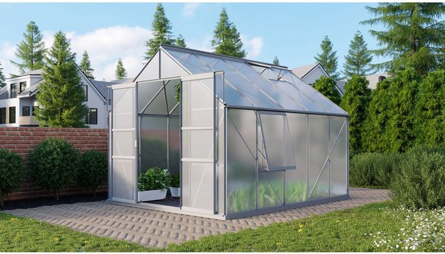 Vitavia Gewächshaus Meridian 2 mit Aluminiumrahmen und Polycarbonat-Platten inklusive Vorzugsset mit Doppelschiebetür, Dachfenstern, Seitenfenster und Regenrinnen - Bild 1