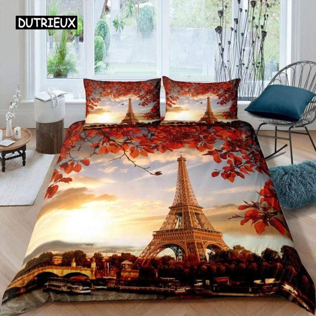 Paris-Bettwäsche-Set von Binchi Outdoor Product im Vintage-Stil mit Eiffelturm und rotem Regenschirm, Mikrofaser, Mehrfarbig, B/H: 240 x 220 cm - Bild 1