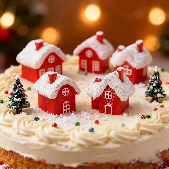 ZQNYCY 4er Set Weihnachtsdekoration Miniatur Winterdorf aus Harz in Rot für Tischdekoration und Kuchenverzierung - Bild 1