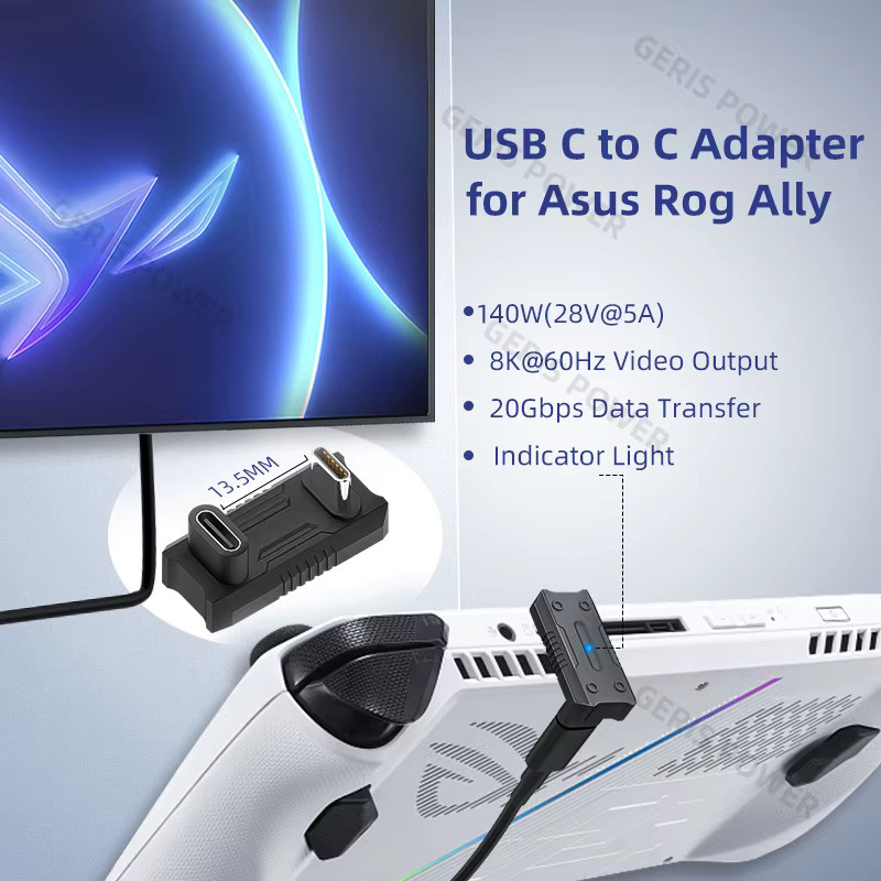 Geris Power 180 Grad U-förmiger USB-C-Adapter in Schwarz für Asus Rog Ally und Nintendo Switch mit 20 Gbit/s Datenübertragung und PD140W Schnellladefunktion - Bild 1