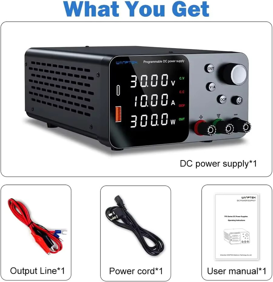 Wanptek Labornetzteil einstellbar mit USB-A und USB-C Ausgang, 30 V 10 A Gleichstromnetzteil mit Kurzschlussalarm - Bild 4