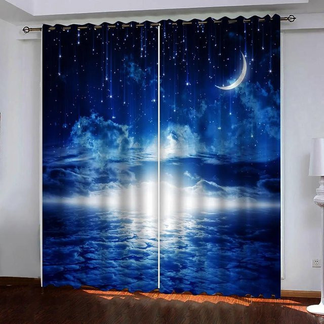 Yiran Furniture Blackout Vorhänge mit Nacht Mond Meer Landschaftsmotiv, Blau, B: 55 cm, H: 120 cm - Bild 1
