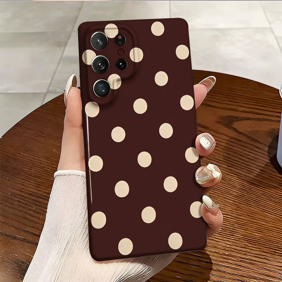Stoßfeste Doppelschicht Handyhülle für Samsung Galaxy S26 S25 S24 S23 Ultra Plus in Braun mit beige gepunktetem Design - Bild 3