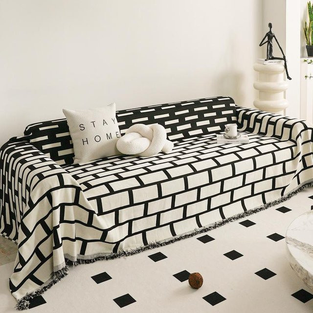 Super Six Sofabezug aus Chenille mit geometrischem Design, rutschfest und waschbar, B/T: 180 x 130 cm, Farben: Weiß und Schwarz - Bild 1