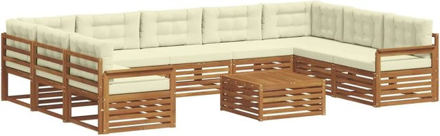 vidaXL Sofagarnitur 10-teilig aus Massivholz Akazie in Natur und Creme mit wetterfesten Kissen im U-Shape Design - Bild 1