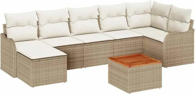 vidaXL Garten-Sofa-Set 8-teilig in Beige und Weiß mit Poly-Rattan, Akazienholz und pulverbeschichtetem Stahl, L-Form mit Stauraum und Polstern - Bild 1