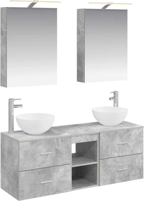 vidaXL Badezimmermöbel-Set 5-teilig in Betongrau aus Ingenieurholz und Glas mit LED-Beleuchtung und Spiegelschrank - Bild 1