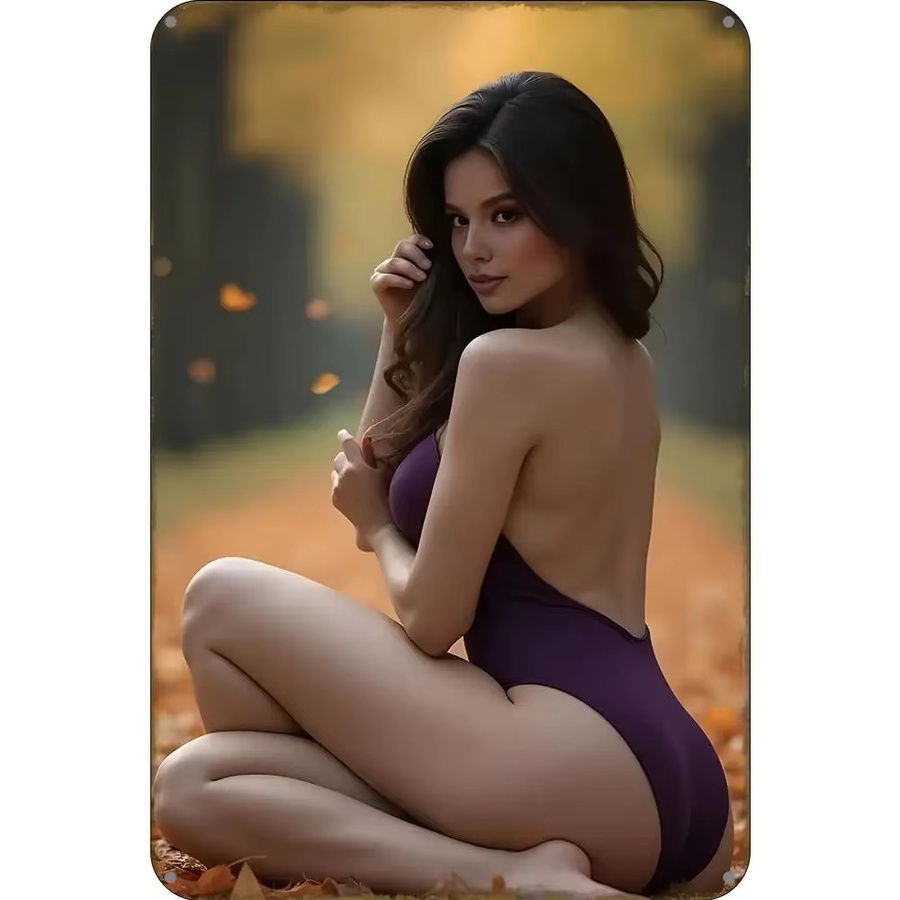 SBS Metall-Wandkunst mit Frauensilhouette im lila Bikini und herbstlichen Blättern, zeitgenössische Wanddekoration für dein Zuhause oder Büro, B/H: 30,0 x 20,0 cm - Bild 1