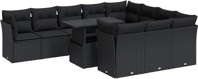 vidaXL 11-teilige Garten-Sofagarnitur in U-Form aus schwarzem Poly-Rattan mit Kissen und Tisch - Bild 1