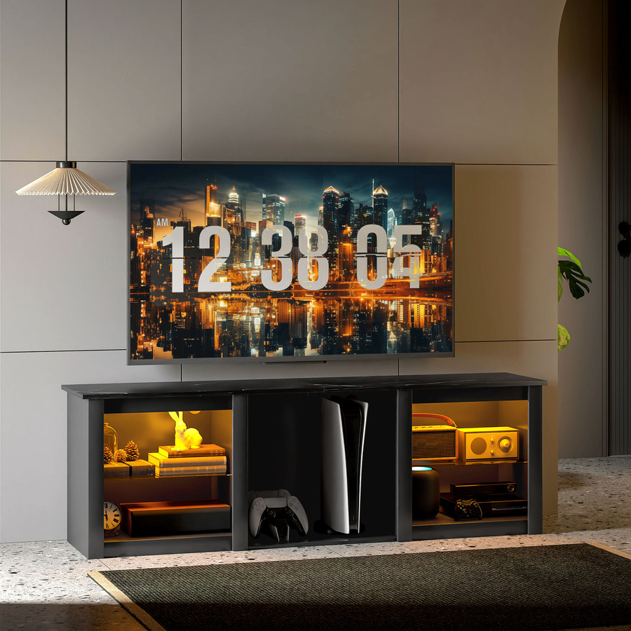Aosom HOMCOM TV-Möbel mit RGB-LED-Beleuchtung in Schwarz, Holz und Glas, passend für Fernseher bis 65 Zoll, mit 5 Fächern, verstellbaren Glastablaren und Kabeldurchführungen, B/T/H: 160 x 35 x 35 cm - Bild 2