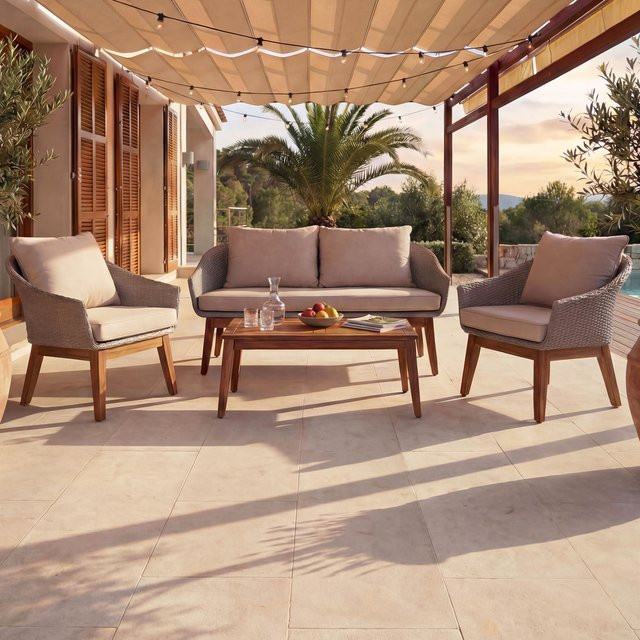Gartengarnitur MCW-N37 Lounge-Set aus Poly-Rattan und Akazienholz in Grau mit beigen Kissen - Bild 1