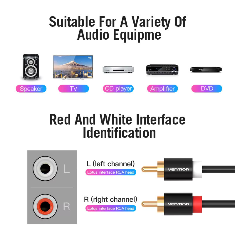Tions RCA zu RCA Audio Kabel mit goldbeschichteten Steckern in Schwarz, Länge: 1 m oder 2 m - Bild 2
