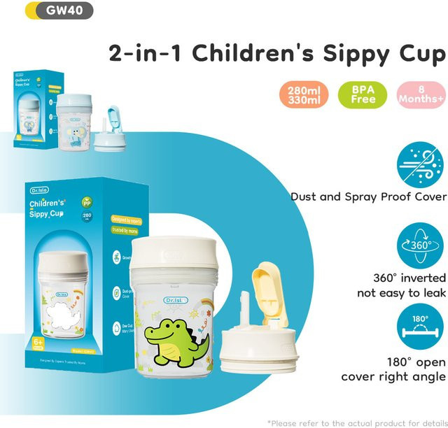 MAMIJOY 2-in-1 Lerntrinkbecher für Kinder mit Strohhalmdeckel, auslaufsicher und BPA-frei, 280 ml, beige/multicolour - Bild 1