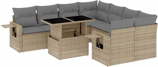 vidaXL 9-teilige Garten-Sofagarnitur aus Poly-Rattan mit Kissen in Beige-Grau - Bild 1