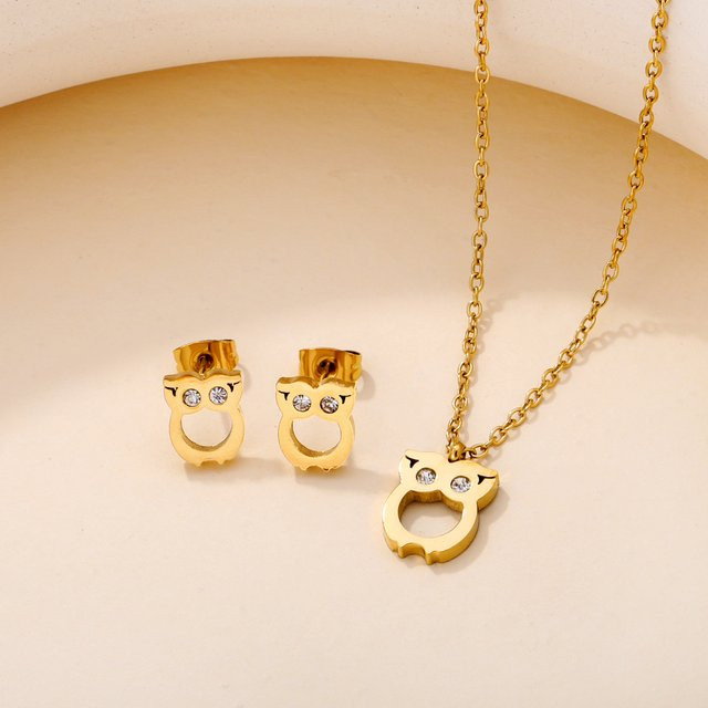LUXUKISSKIDS Schmuckset Eulen-Anhänger Halskette, Ohrstecker, Edelstahl, Gold, Kinder - Bild 1