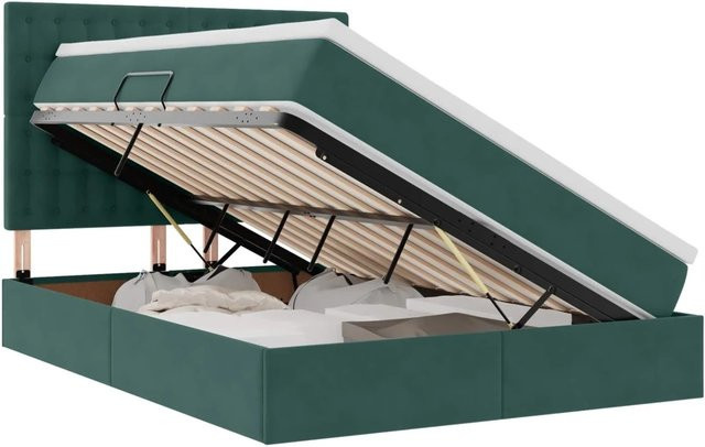 vidaXL Bett mit Stauraum und LED in Dunkelgrün aus Samt, B/H/T: 140 x 204 x 128 cm - Bild 1