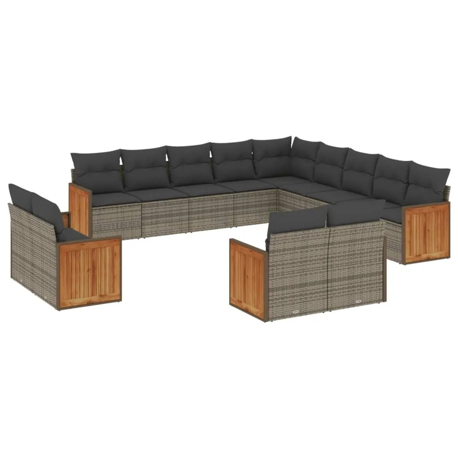 vidaXL 13-tlg. Garten-Sofagarnitur in L-Form aus Poly-Rattan und Akazienholz in Grau mit Kissen und Stauraum Modell 37 - Bild 2
