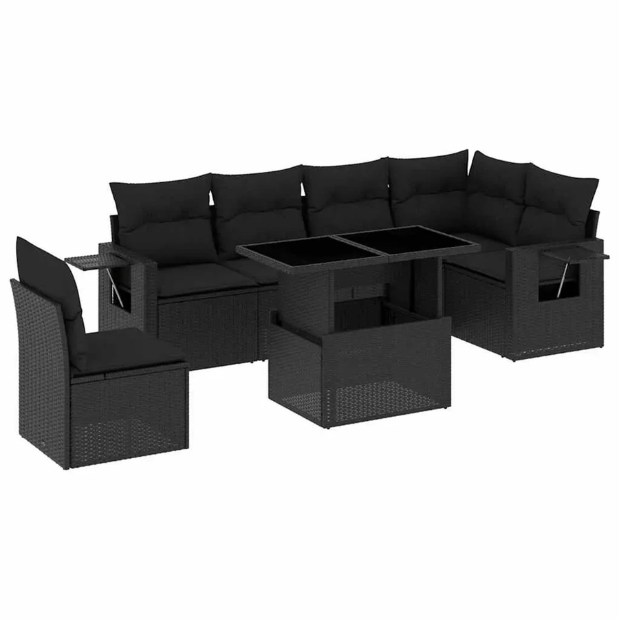 vidaXL 7-teilige Garten-Sofagarnitur in L-Form aus schwarzem Poly-Rattan mit Kissen und pulverbeschichtetem Stahlgestell - Bild 2