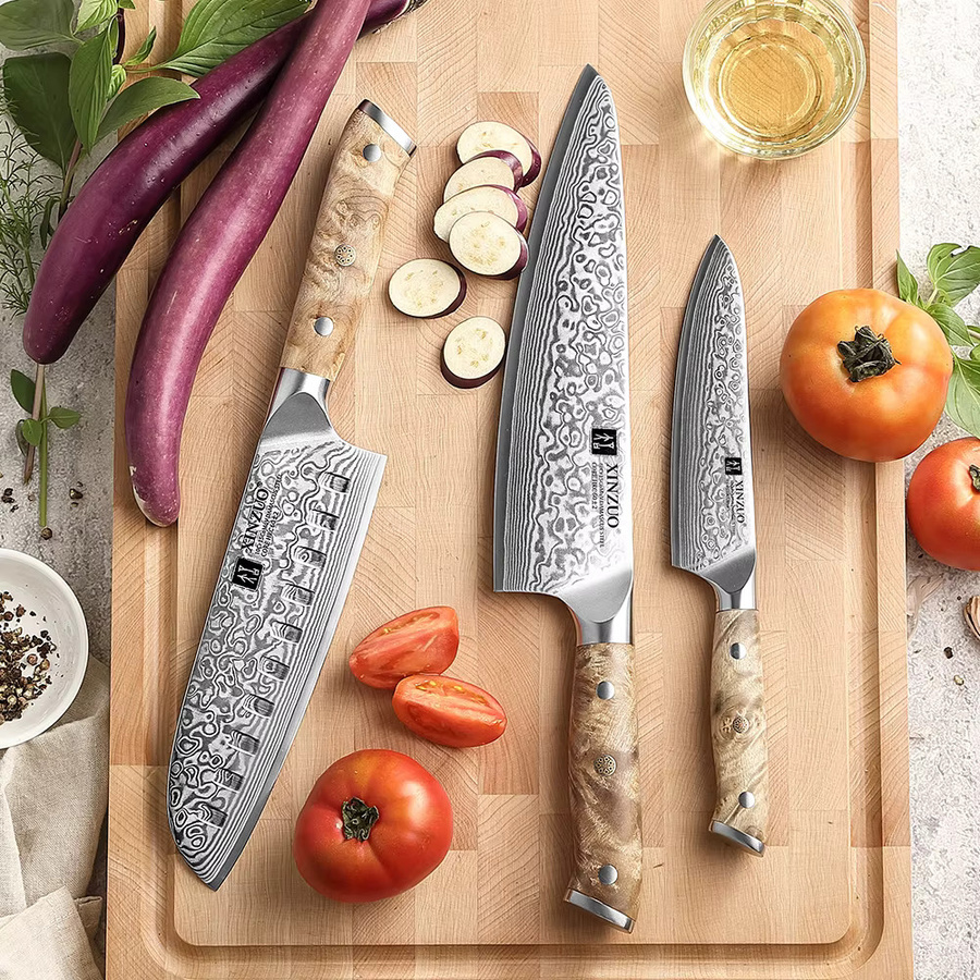 XINZUO Messer-Set aus Damaststahl mit 67 Schichten, Kochmesser und Santoku-Allzweckmesser, 60 HRC, mit Sycamore-Messingnieten - Bild 5