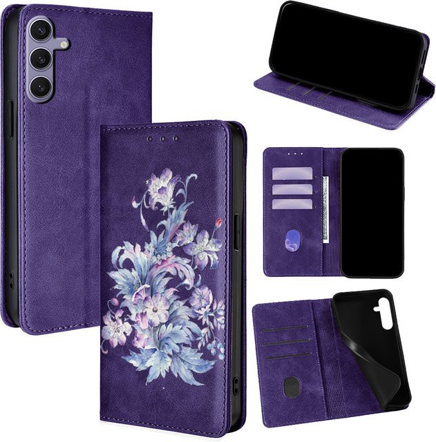 Magnetische Leder Flip Case Wallet Cover mit Blumenmuster für Samsung Galaxy S25 Ultra S25 FE S24 S23 S22 Plus A17 A07 A56 A36 A26 in Braun und Lila - Bild 1