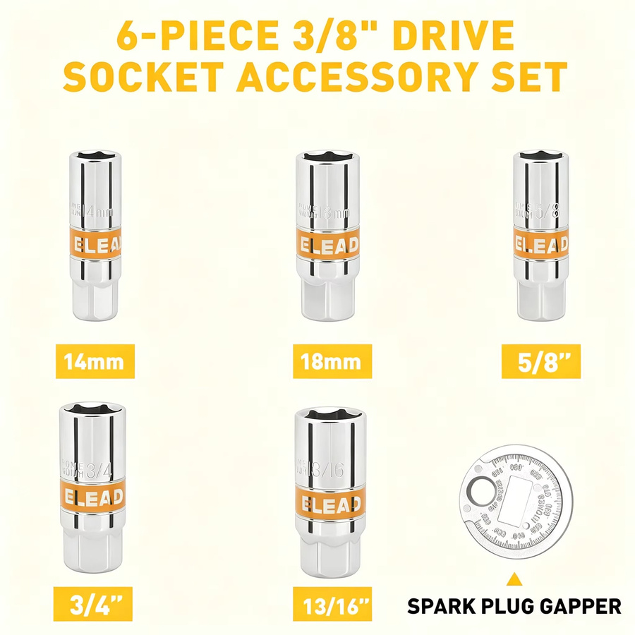 ELEAD 6-teiliges Zündkerzensteckschlüssel- und Einstellwerkzeug-Set aus Chrome Vanadium in Silber, 3/8 Zoll, mit Größen 5/8 Zoll, 3/4 Zoll, 13/16 Zoll, 14 mm und 18 mm - Bild 2