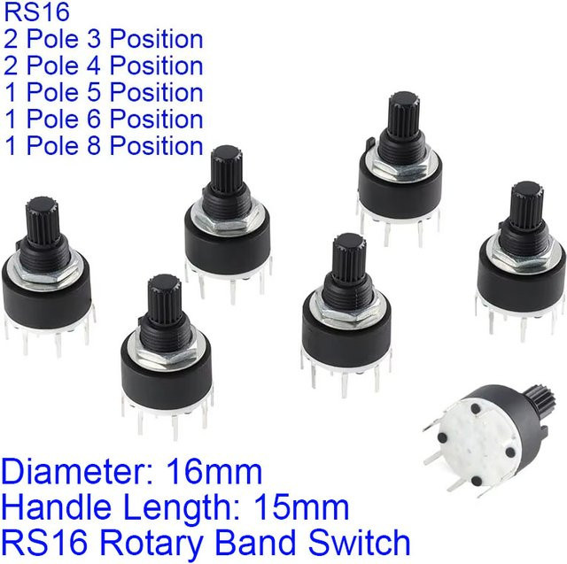 2er-Set Your Cee RS16 Drehschalter aus Kunststoff, 16mm, Schwarz, 1-polig (4-8 Positionen) und 2-polig (3-4 Positionen), Griff-Länge: 15mm - Bild 1