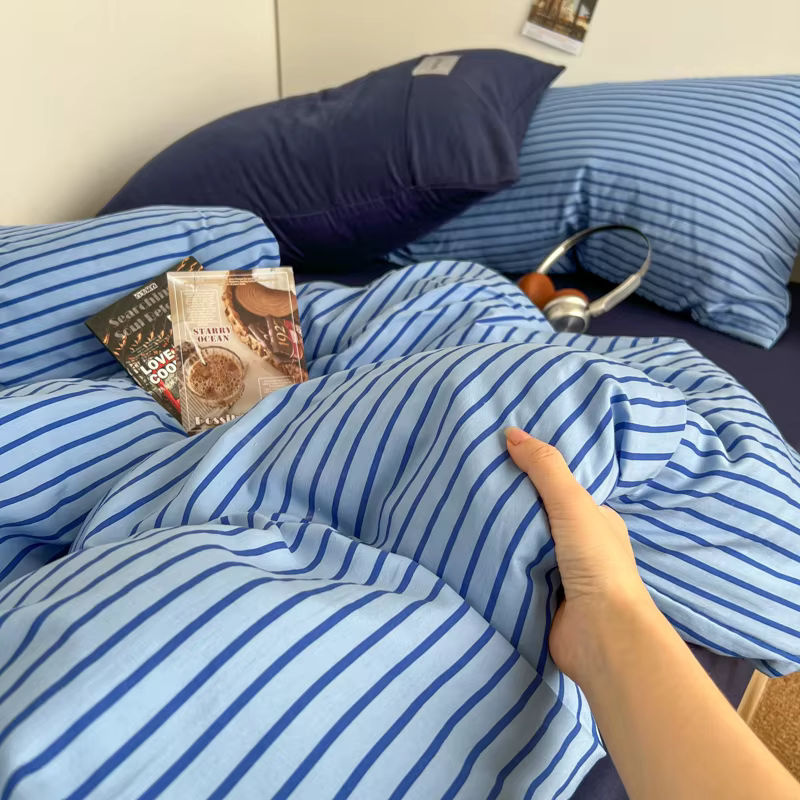 Bonenjoy Gestreiftes Bettwäsche-Set in Mehrfarbig und Blau, Modernes Single Bettwäsche-Set - Bild 2