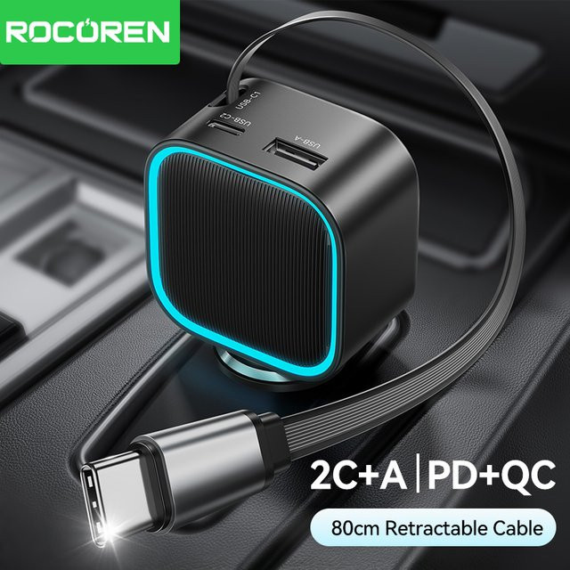 Rocoren 3-in-1 Einziehbares Autoladegerät PD 30W in Schwarz mit USB-Typ-C und 2C+A Anschlüssen - Bild 1