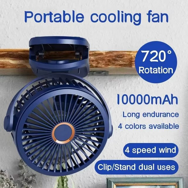 XIAOTREE Tragbarer USB-Tischventilator mit Clip, 10000 mAh Akku, Typ-C, wiederaufladbar, 360-Grad-Drehung und 4 Geschwindigkeiten, Mini-Ventilator in Weiß oder Blau - Bild 1
