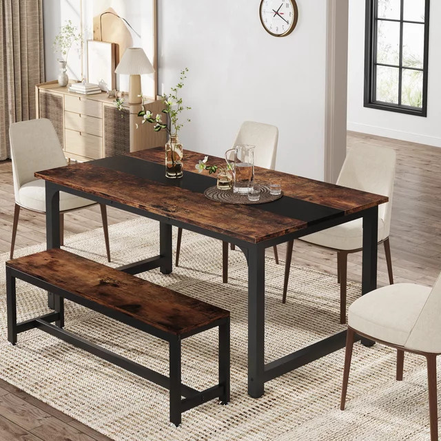 Tribesigns Esstisch im Industrial Design aus Holz, rechteckiger Küchentisch für 4–6 Personen, braun, Breite: 160 cm, Tiefe: 80 cm - Bild 1