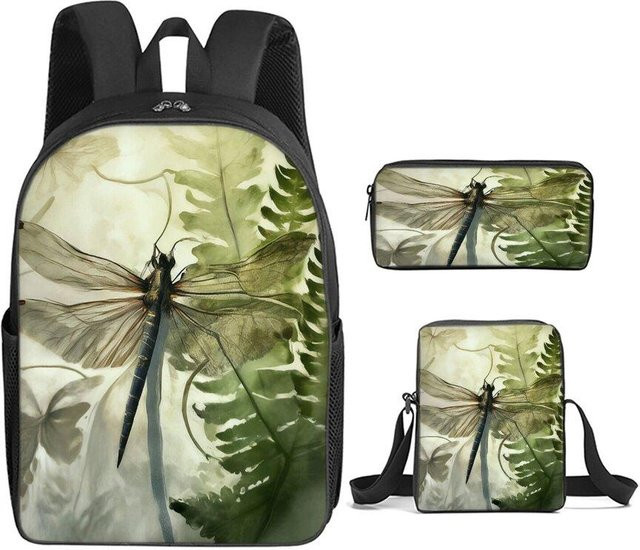 BAOERYE 3-teiliges Schulset mit Rucksack, Umhängetasche und Federmäppchen im Libellen-Print, Grün - Bild 1