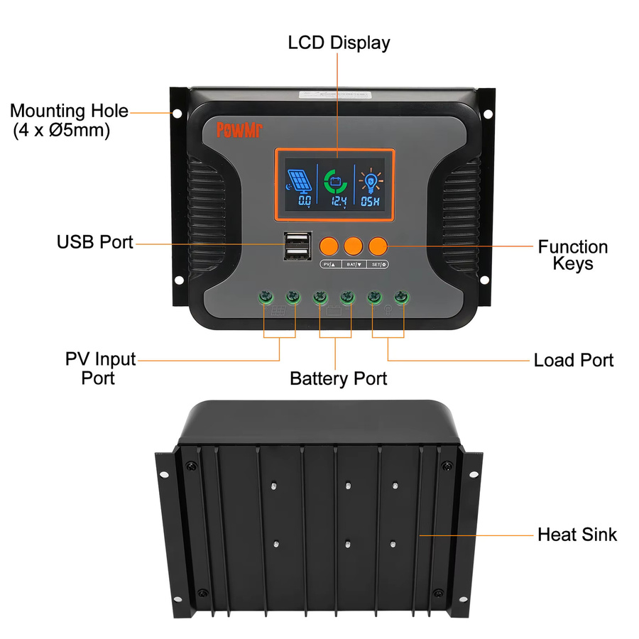 PowMr Pstar Serie PWM Solar-Laderegler in Schwarz für 12/24/36/48V Systeme mit PV-Max-Eingang 100V und 3-Stufen-Ladung für LiFePO4, Gel- und Blei-Säure-Batterien - Bild 7