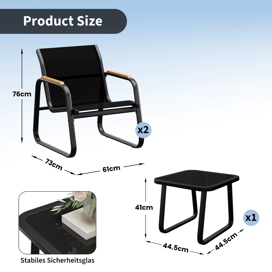 Studyset 3-teiliges Outdoor-Bistro-Set in Schwarz mit Glas-Beistelltisch und 2 Netz-Armlehnstühlen aus pulverbeschichtetem Stahl für Garten, Balkon und Terrasse - Bild 7