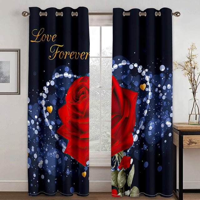 Luxuriöse 3D-Fenstervorhänge mit Rubin-Rosen-Blumen-Diamant-Gold-Design für Mädchenzimmer, 2er-Set, semi-transparent, B: 50 cm, H: 130 cm - Bild 1