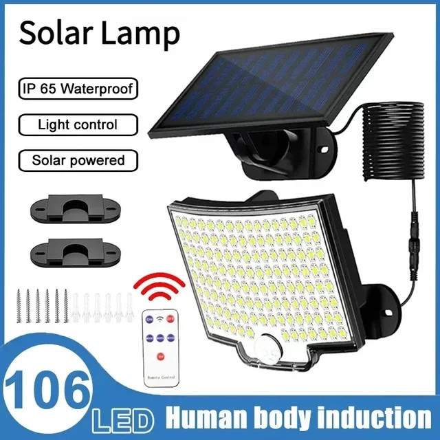 ZHIYU Solar-Bewegungsleuchte mit 106 LEDs und separatem Solarpanel, wasserdichter LED-Flutlicht für Garten und Garage, Weiß - Bild 1