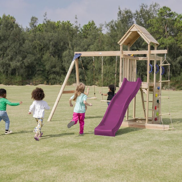 Axi Spielturm Moos mit Doppelschaukel Braun und Rutsche Lila - Bild 1