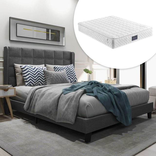 Modernes Doppelbett mit Federkernmatratze und Lattenrost in Grau Leinenoptik von Aosom, B/T/H: 140 x 200 x 146 cm - Bild 1