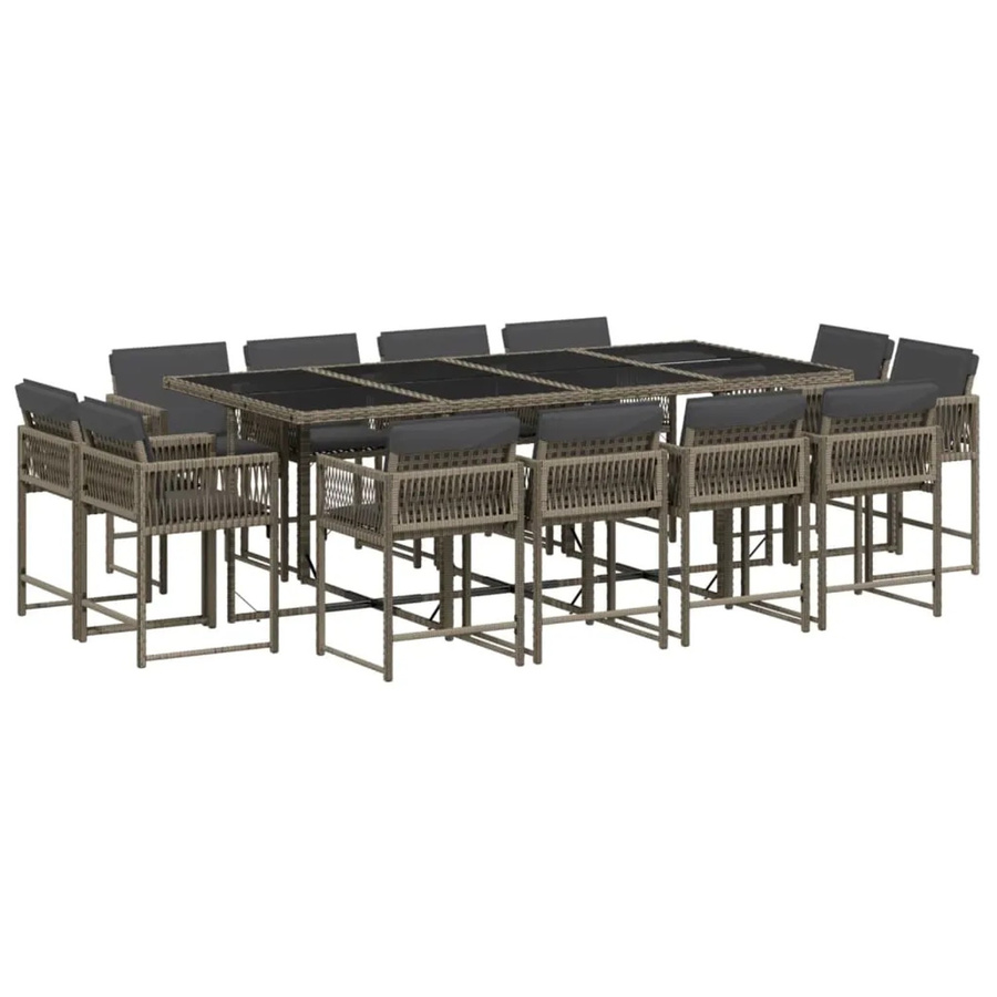 vidaXL 13-tlg Garten-Essgruppe aus PE-Rattan mit Kissen und Hartglas in Grau - Bild 2