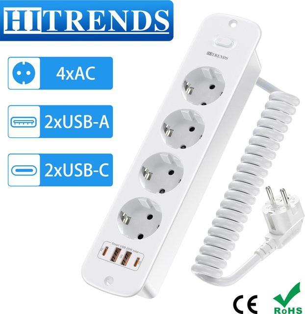 HITRENDS EU-Steckdosenleiste in Weiß mit 2 USB-A-Anschlüssen, 2 Typ-C-Anschlüssen mit PD20W-Schnellladefunktion und 2m Verlängerungskabel - Bild 1