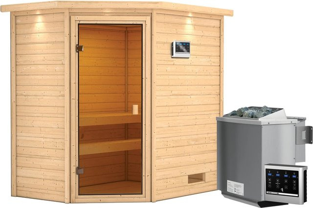 Woodfeeling Sauna Jella aus Fichten- und Espenholz in Braun inklusive 9 kW Bio-Ofen mit externer Steuerung und LED-Dachkranz - Bild 1